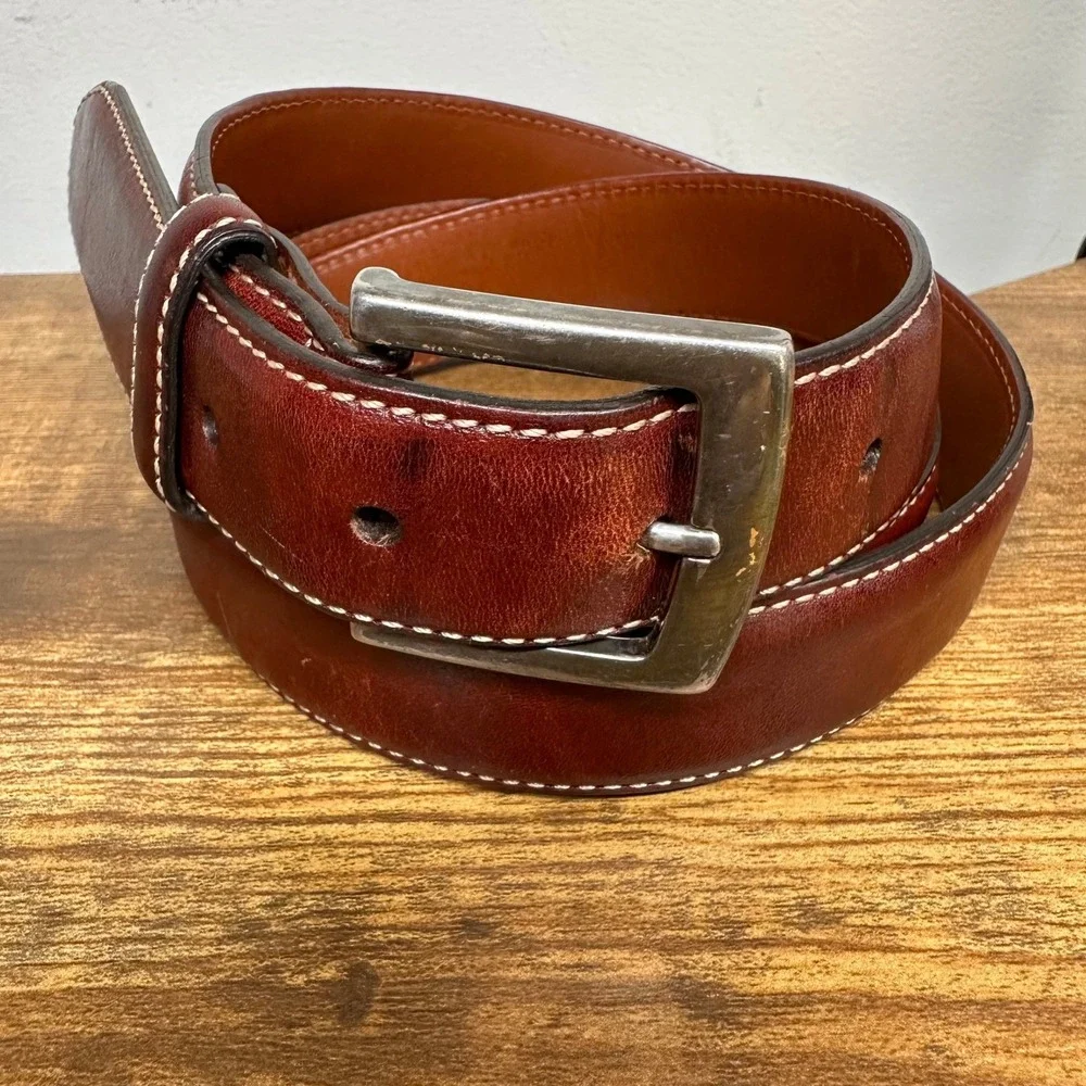 Brooks Brothers Mens Brown Leather Belt Made in Italy Contrast Stitch Size 40